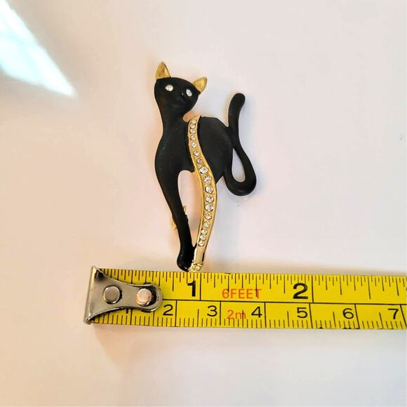 Vintage Cat Brooch Black Enamel Gold Tone Rhinestone Eyes Catcore Black Cat - Picture 9 of 12